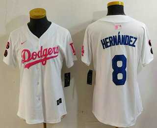 Women%27s Los Angeles Dodgers #8 Kike Hernandez White Pink With Patch Limited Stitched Jersey
